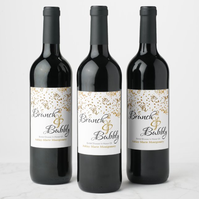 Elegant Brunch Bubbly Bröllopsdusch Guld Konfetti Vinflaska Etikett (Flaskor)