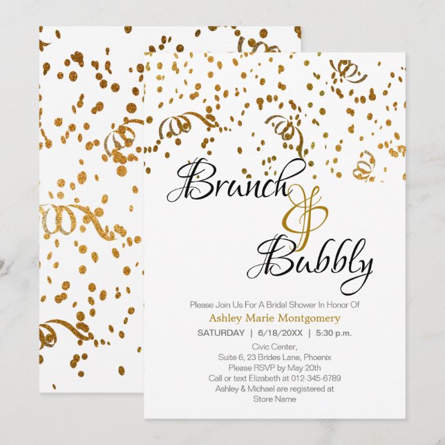 Elegant Brunch Bubbly Bröllopsfest Guld Konfetti Inbjudningar (Fram/baksida)