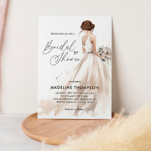 Elegant Brunette Bride Bröllop Gown Möhippa Inbjudningar