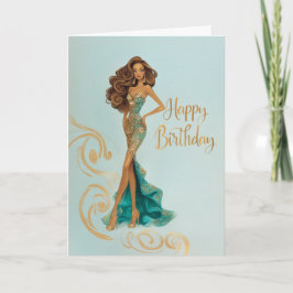 Elegant Brunette in Gold Teal Fashionista BDay Kort