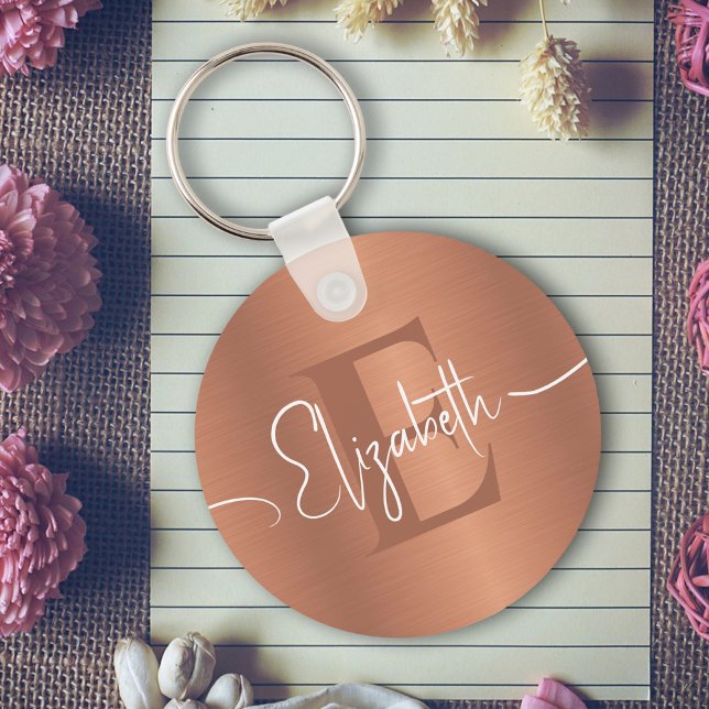 Elegant Brushed Copper Metall Girly Monogrammed Nyckelring (Skapare uppladdad)