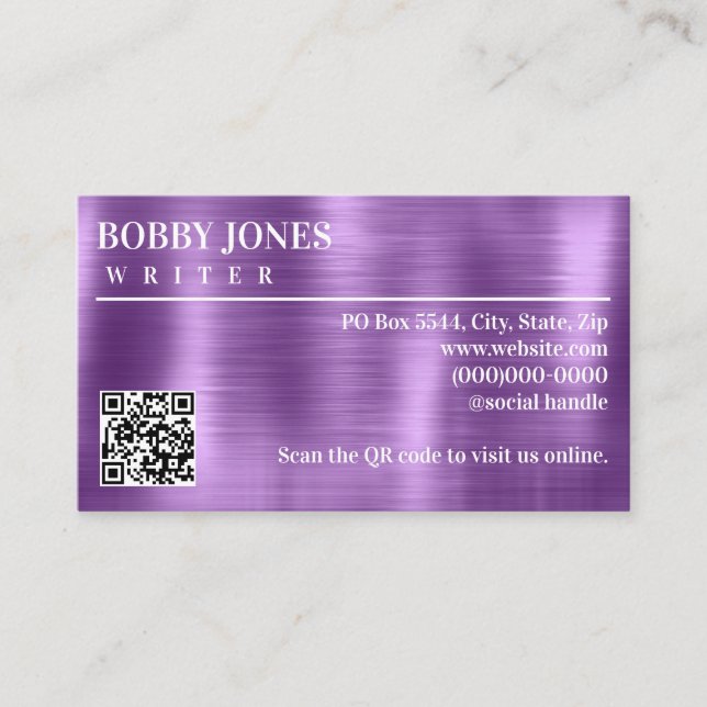 Elegant Brushed Lila Foil Metallic QR Code Visitkort (Framsida)
