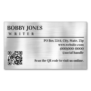 Elegant Brushed Silver Foil Metallic QR Code Magnetiska Visitkort
