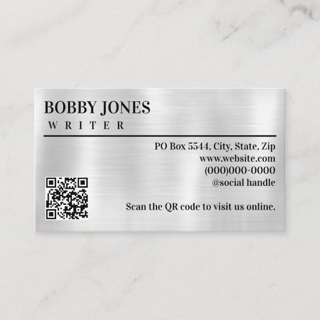 Elegant Brushed Silver Foil Metallic QR Code Visitkort (Framsida)