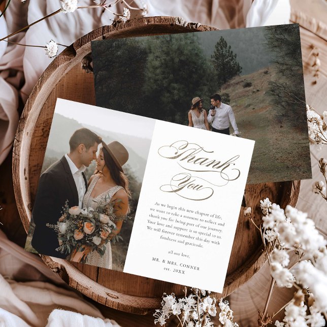 Elegant budget bröllom tackkort med guldskrift (Elegant gold calligraphy script budget wedding photo thank you cards.)