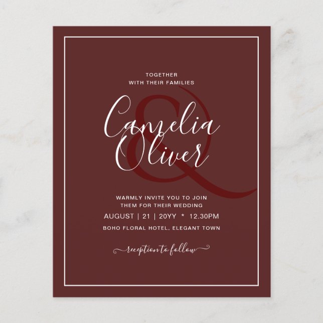 Elegant BUDGET Burgundy Monochrome Bröllop enkelt Flygblad (Framsidan)