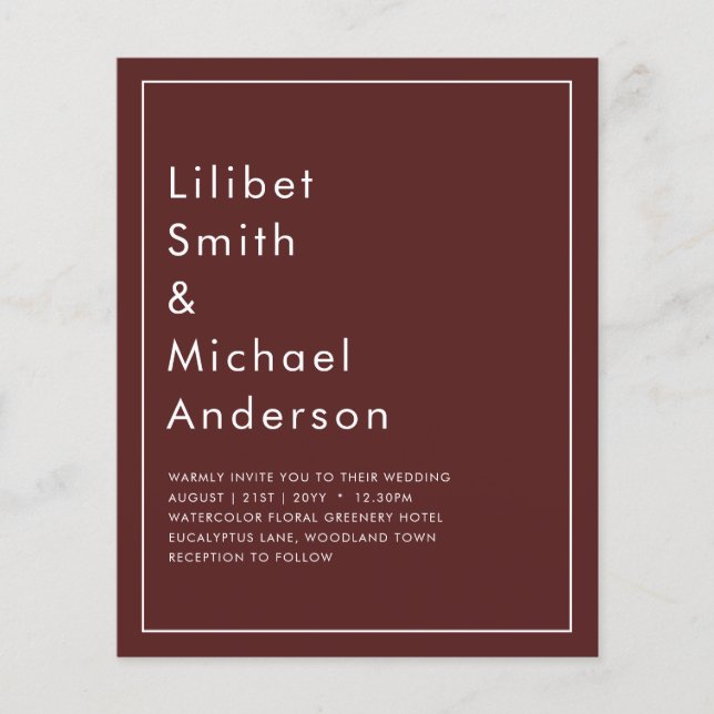 Elegant BUDGET Burgundy Monochrome Bröllop enkelt Flygblad (Framsidan)
