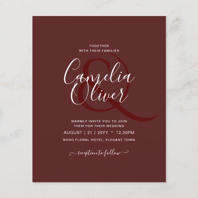 Elegant BUDGET Burgundy Monochrome Bröllop enkelt Flygblad (Framsidan)