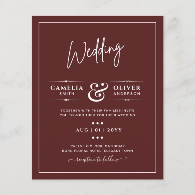 Elegant BUDGET Burgundy Monochrome Bröllop enkelt Flygblad (Framsidan)