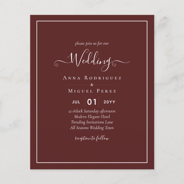 Elegant BUDGET Burgundy Monochrome Bröllop enkelt Flygblad (Framsidan)
