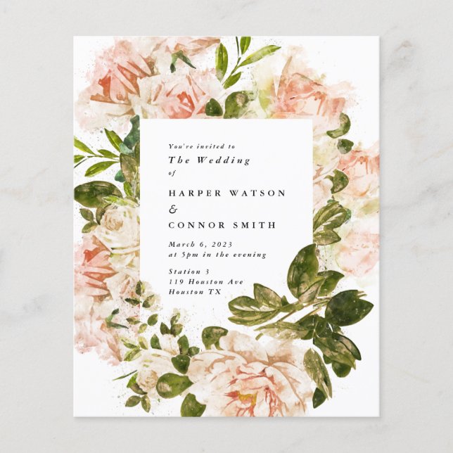 Elegant Budget Ro Romantik Watercolor Bröllop Flygblad (Framsidan)
