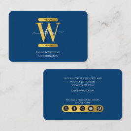 Elegant Bue & Guld Monogram Social Media Icons Visitkort