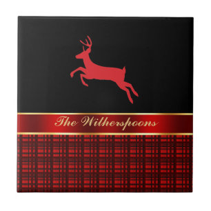 Elegant Buffalo Play med Reindeer och Red Ribbon Kakelplatta
