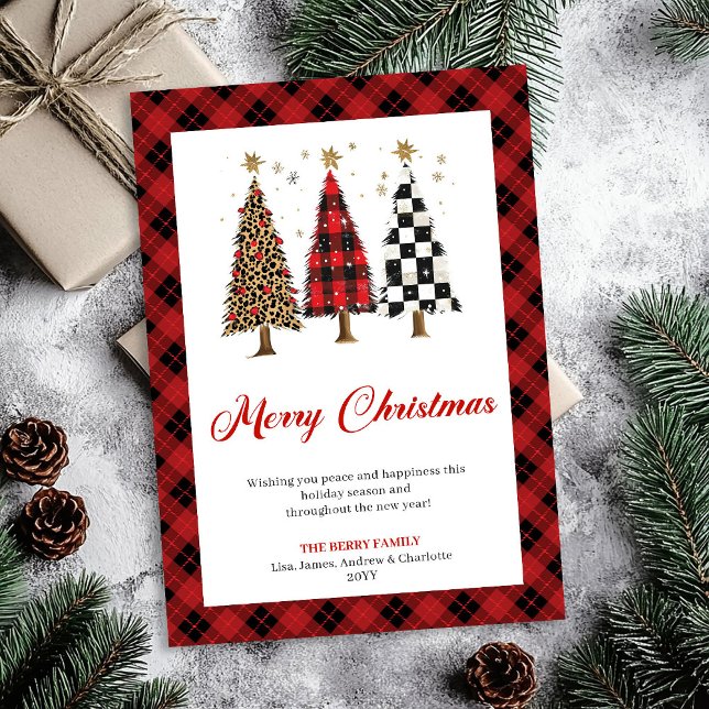 Elegant Buffalo-rutig julgran leopard-kort Julkort (Elegant Buffalo Plaid Christmas Tree Leopard Card)
