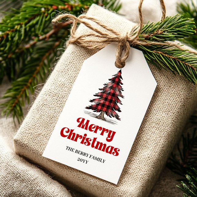 Elegant buffelträd presentkort anpassad höstnamn presentetikett (Modern Buffalo Plaid Christmas Tree Gift Tag)