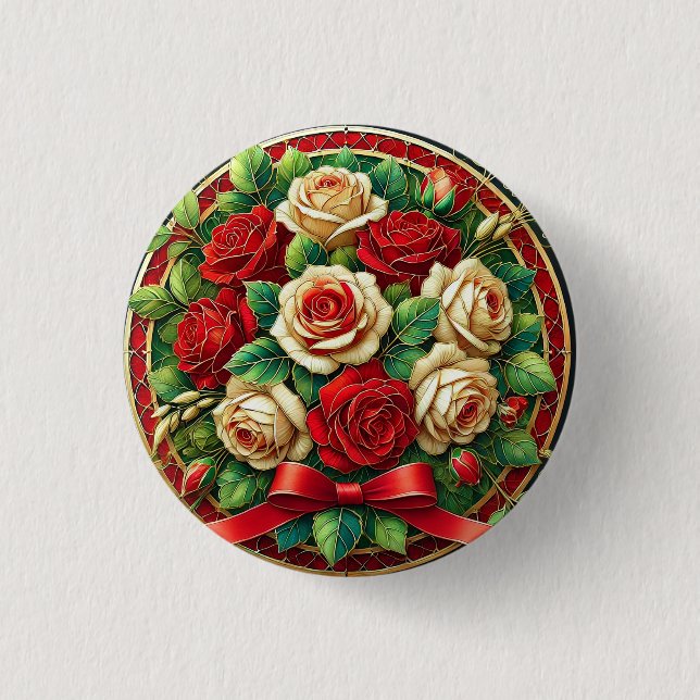 Elegant bukett av röda och vita rosor knapp (Framsida)