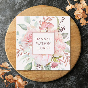 Elegant bukett med rosa ros och peoniblommor fyrkantigt visitkort