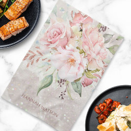 Elegant bukett med rosa rosor och peonier kökshandduk