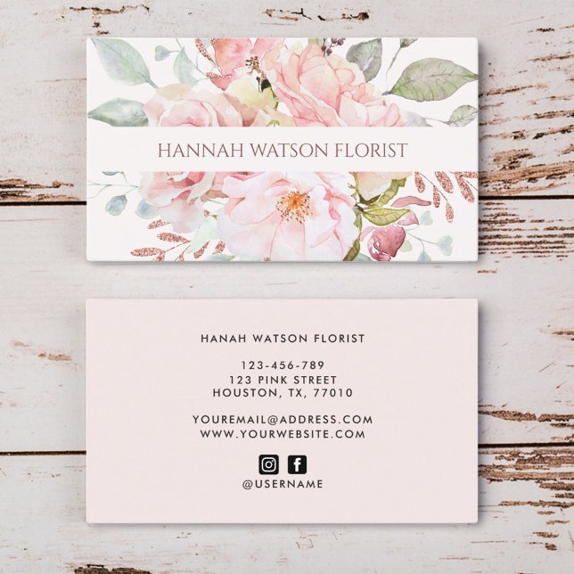 Elegant bukett med rosa rosor och peonior  visitkort (Front and Back)