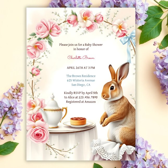 Elegant Bunny Blommigt Vår Tea Party Baby Shower Inbjudningar (Personalized Tea Party Baby Shower Invitation Elegant Bunny & Floral Baby Shower Invite)