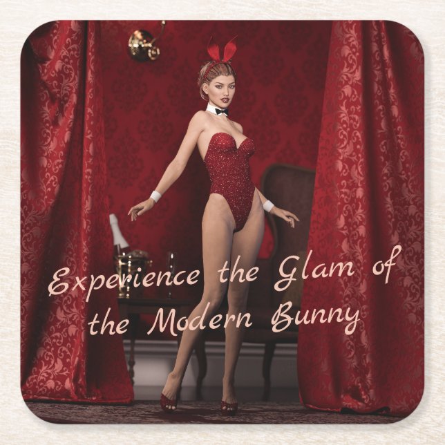 Elegant Bunny Girl på Red Velvet Curtain Underlägg Papper Kvadrat (Framsidan)