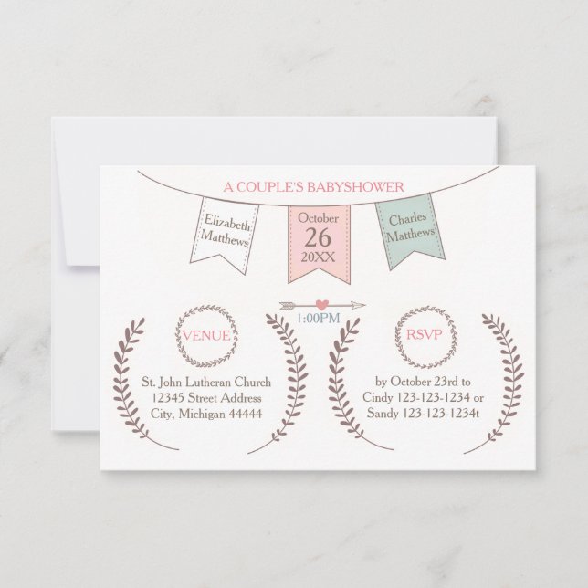 Elegant Bunting - 3 x 5-parters babyskor Inbjudningar (Framsida)