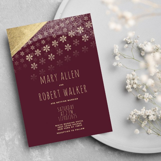 Elegant burgundär geometrisk guld blommigt bröllop inbjudningar (Elegant burgundy geometric gold floral wedding)