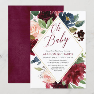 Elegant burgunddusch för blommigt babydusch inbjudningar