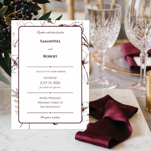 Elegant burgunder blomlinjekonst bröllop inbjudningar (Burgundy Floral Line Art Elegant Wedding Invitation)