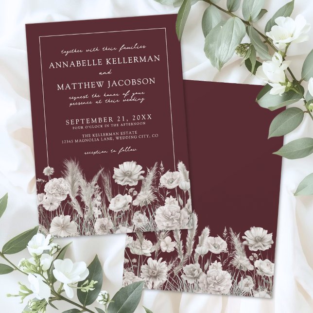 Elegant Burgunder Blommig Boho Bröllop Inbjudningar (Elegant Burgundy Floral Boho Wedding Invitation)
