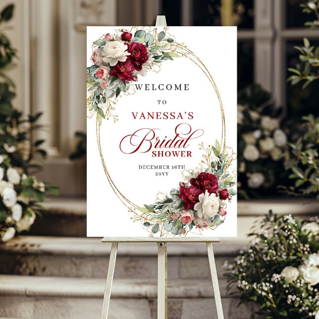 Elegant Burgunder Blommig Boho Bröllopsdusch Välko Poster (Elegant Burgundy Floral Boho Bridal Shower Welcome)