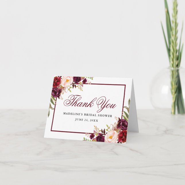 Elegant Burgunder Blommig Bröllopsdusch Notering Tack Kort (Framsida)