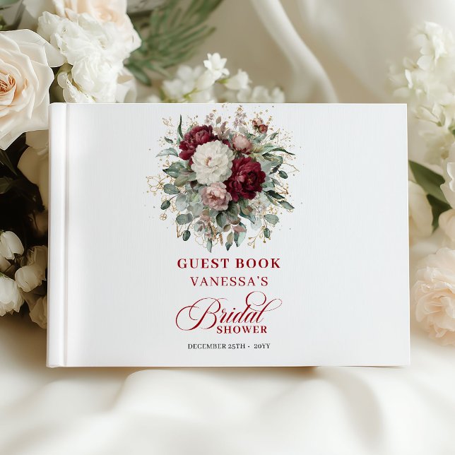 Elegant Burgunder Blommig Bröllopsfest Gästbok (Graceful Burgundy Floral Bridal Shower Guest Book)