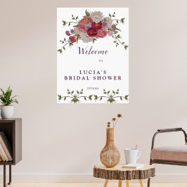 Elegant Burgunder Blommig Bröllopsfest Välkommen Poster