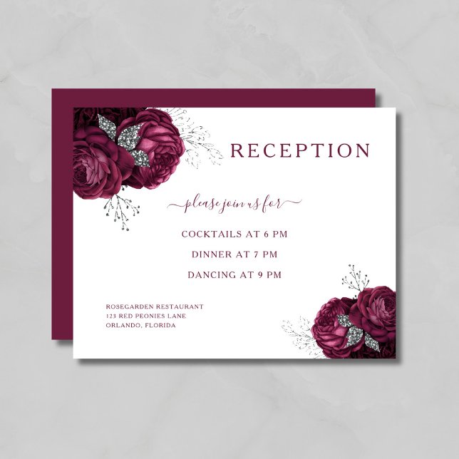 Elegant Burgunder Blommig Bröllopsmottagning Tilläggskort (Elegant Burgundy Floral Wedding Reception Enclosure Card)
