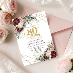 Elegant Burgunder Blommig Eukalyptus Guld 80-årsda Inbjudningar