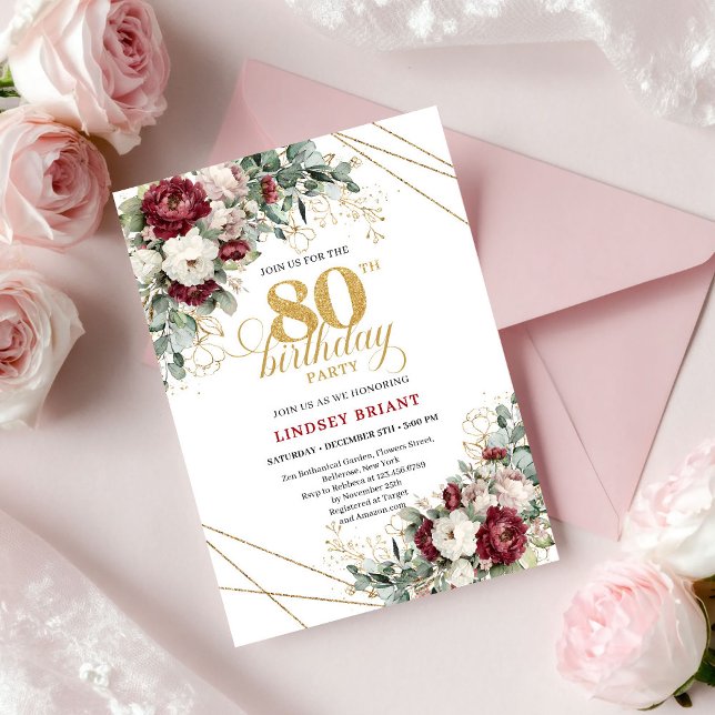 Elegant Burgunder Blommig Eukalyptus Guld 80-årsda Inbjudningar (Boho burgundy flowers 80th birthday,
unique gentle refined digital invitation,
Watercolor floral red)