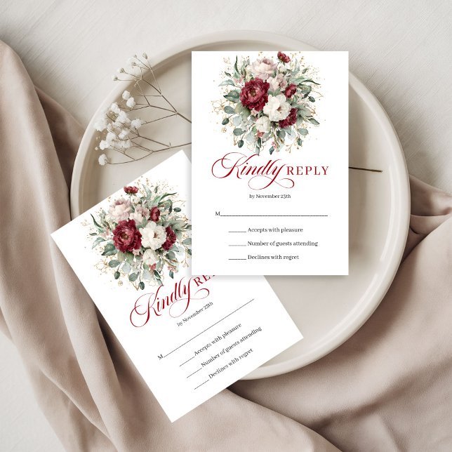 Elegant Burgunder Blommig Eukalyptus Guld Bröllop  OSA Kort (Boho burgundy flowers wedding rsvp,
Watercolor floral red white peonies, 
bohemian romantic blush pi)