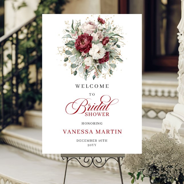 Elegant Burgunder Blommig Eukalyptus Guld Välkomme Poster (Elegant Burgundy Floral Eucalyptus Gold Welcome Sign)