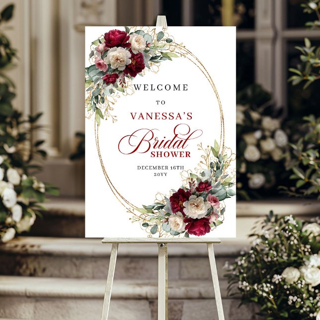 Elegant Burgunder Blommig Guld Bröllopsdusch Välko Poster (blush and burgundy flowers roses,
boho watercolor deep red romantic,
burgundy blush bridal shower we)
