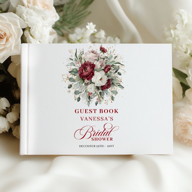 Elegant Burgunder Blommig Guld Bröllopsfest Besöka Gästböcker (Elegant Burgundy Floral Gold Bridal Shower Guest Book)