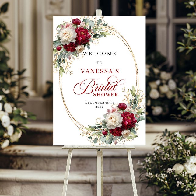 Elegant Burgunder Blommig Guld Bröllopsfest Välkom Poster (Elegant Burgundy Floral Gold Bridal Shower Welcome)
