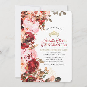Elegant Burgunder Blommig Guld Quinceanera Inbjudningar