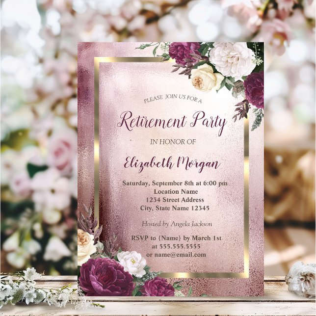 Elegant Burgunder Blommig Guld Ram Pensionering Inbjudningar (Skapare uppladdad)