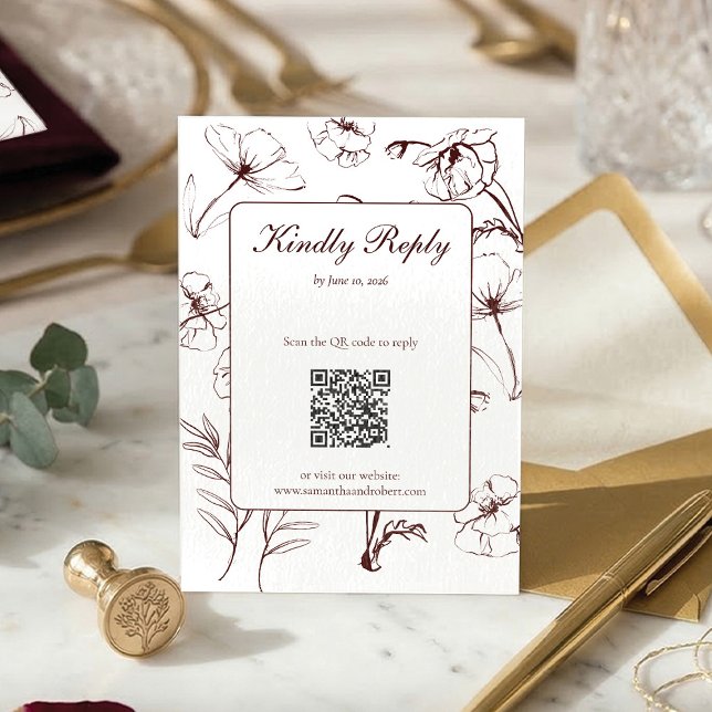 Elegant Burgunder Blommig Linje Konst QR-kod Bröll OSA Kort (Elegant Burgundy Floral Line Art QR Code RSVP Card)