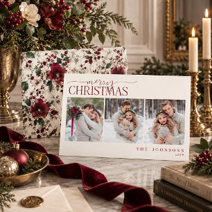 Elegant Burgunder Blommig Nygift Jul Foto Julkort