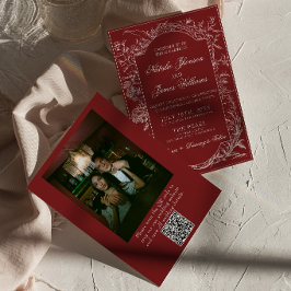 Elegant Burgunder Blommig QR-kod Foto Bröllop Inbjudningar