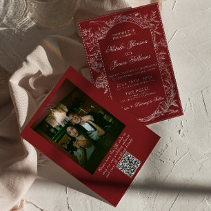 Elegant Burgunder Blommig QR-kod Foto Bröllop Inbjudningar