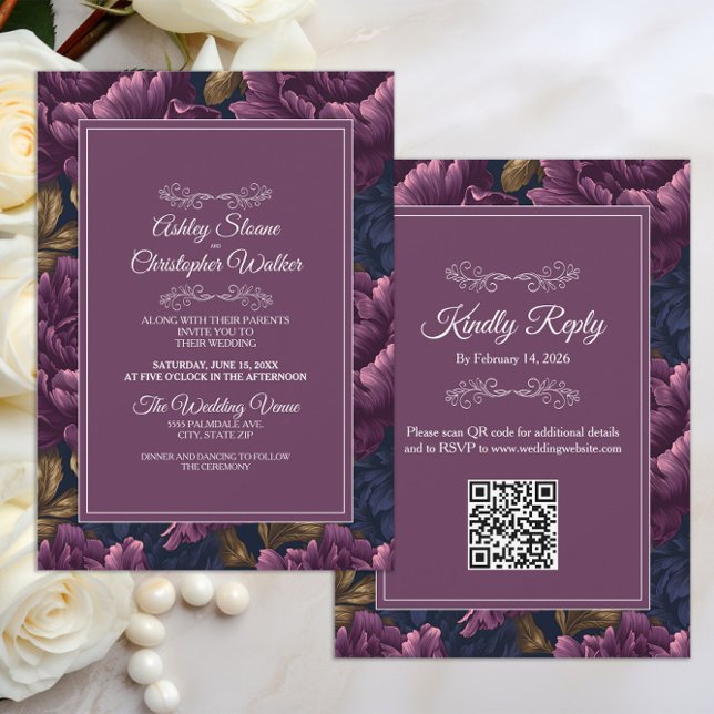 Elegant Burgunder Blommig RSVP QR-kod Bröllop Inbjudningar (Elegant burgundy velvet floral wedding invitation/rsvp combo with your QR code )
