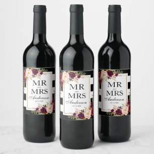 Elegant Burgunder Blommig Svart Vit Randig Vinflaska Etikett
